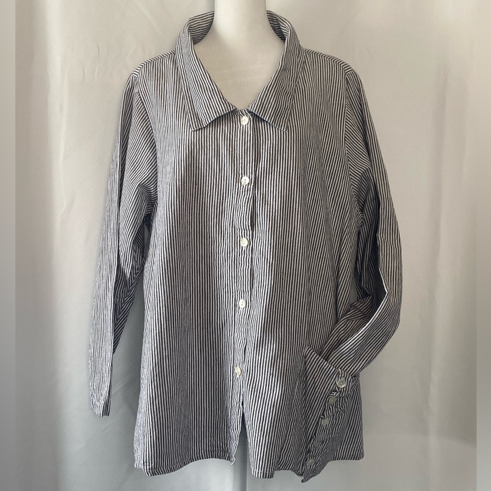Women's Coastal Lagenlook 100% Cotton Stripped Flowy Blazer Medium Lined Artsy